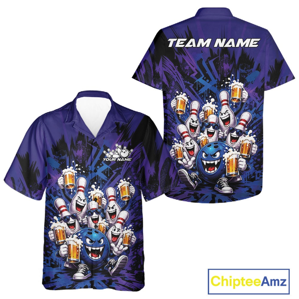 Front and back view of a blue and purple button-up bowling shirt decorated with funny bowling pins and a bowling ball holding frothy beer mugs in a playful bowling-themed illustration.