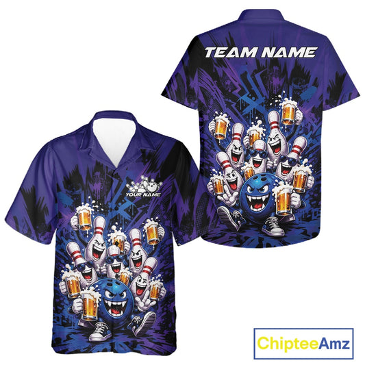 Front and back view of a blue and purple button-up bowling shirt decorated with funny bowling pins and a bowling ball holding frothy beer mugs in a playful bowling-themed illustration.