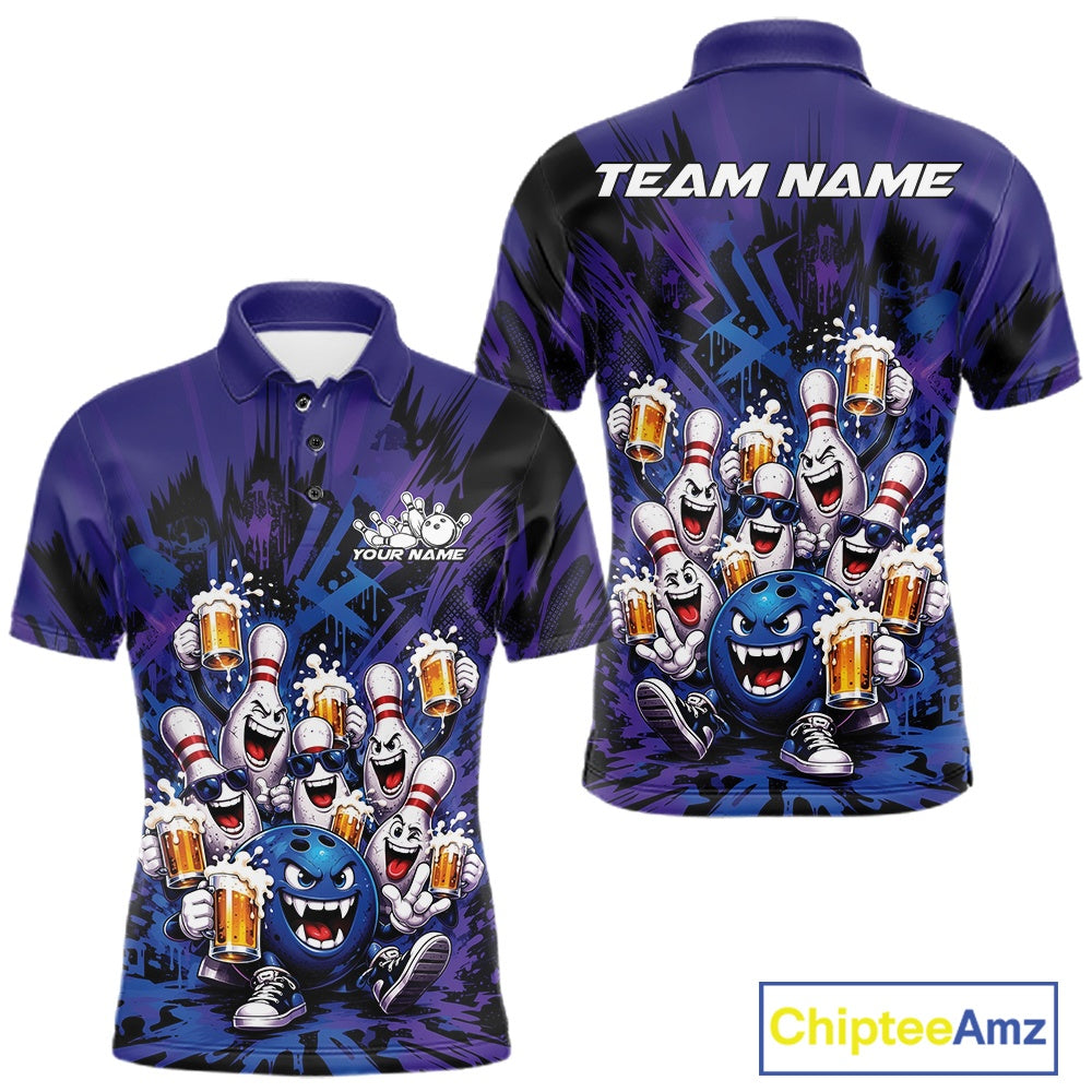 Front and back view of a blue and purple men's bowling polo shirt featuring funny bowling pins and a bowling ball holding frothy beer mugs in a playful bowling-themed illustration.