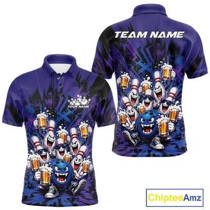 Front and back view of a blue and purple men's bowling polo shirt featuring funny bowling pins and a bowling ball holding frothy beer mugs in a playful bowling-themed illustration.