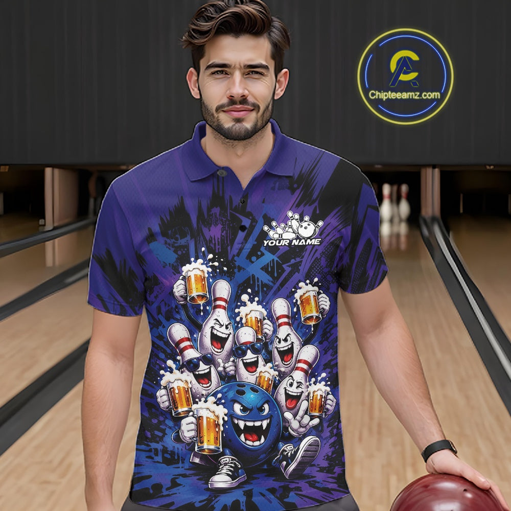 Male model wearing a blue and purple bowling polo shirt at a bowling lane with playful artwork of funny bowling pins and a bowling ball holding frothy beer mugs.