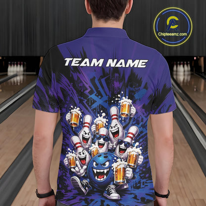Back view of a male model in a bowling lane wearing a blue and purple bowling polo shirt featuring funny bowling pins and a bowling ball holding frothy beer mugs.