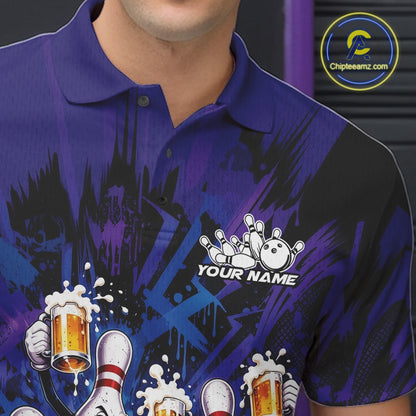 Close-up view of the left chest on a blue and purple bowling polo shirt featuring playful artwork of funny bowling pins and a bowling ball holding frothy beer mugs.