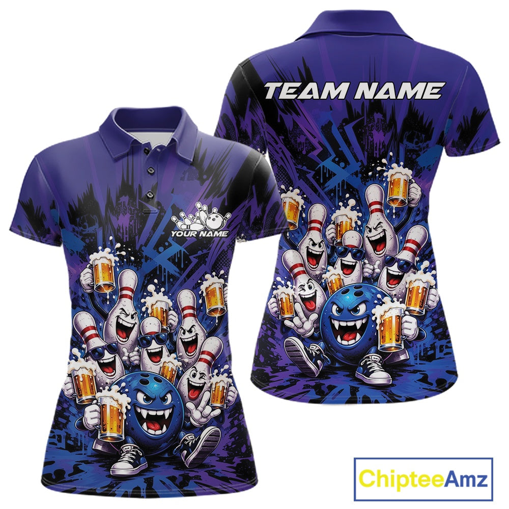 Front and back view of a blue and purple women's bowling polo shirt featuring funny bowling pins and a bowling ball holding frothy beer mugs in a playful bowling-themed illustration.