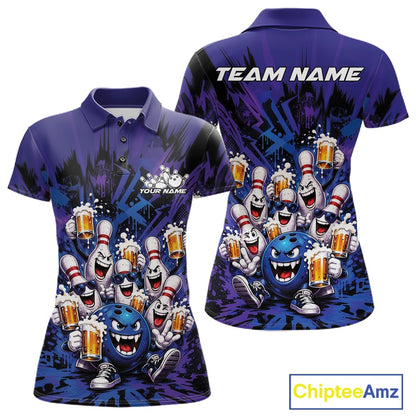 Front and back view of a blue and purple women's bowling polo shirt featuring funny bowling pins and a bowling ball holding frothy beer mugs in a playful bowling-themed illustration.