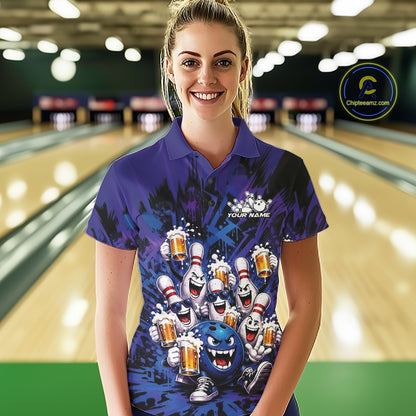 Front view of a female model at a bowling lane wearing a blue and purple bowling polo shirt decorated with playful artwork of funny bowling pins and a bowling ball holding frothy beer mugs.
