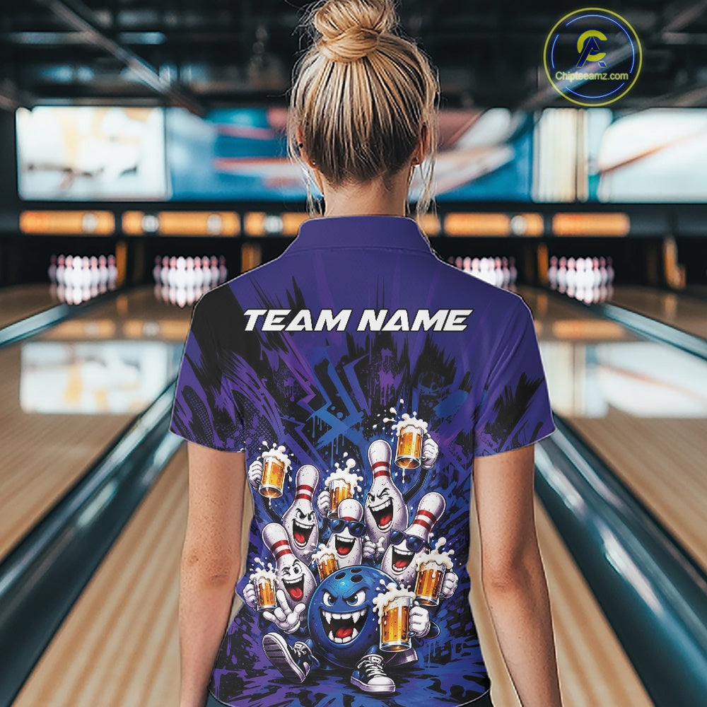 Back view of a female model wearing a blue and purple bowling polo shirt in a bowling lane, featuring funny bowling pins and a bowling ball holding frothy beer mugs.