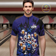Load image into Gallery viewer, Male model wearing a blue and purple bowling quarter-zip shirt at a bowling lane showcasing playful artwork of funny bowling pins and a bowling ball holding frothy beer mugs.