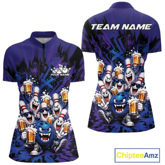 Front and back view of a blue and purple women's bowling quarter-zip shirt showcasing funny bowling pins and a bowling ball holding frothy beer mugs in a fun cartoon-style bowling design.