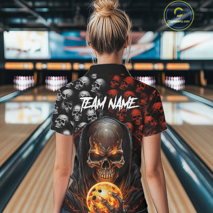 Custom Skull Bowling Womens Polo Shirts Bowling League Team Jerseys Halloween Outfits IPHW5346