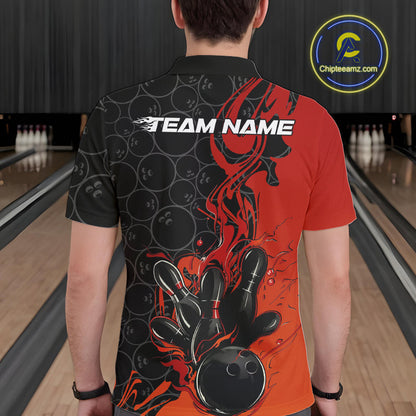 Custom Red Orange Fire Flame Bowling Team Men Polo Shirts, Bowling League Shirt IPHW10184
