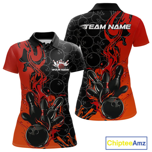 Custom Red Orange Fire Flame Bowling Team Women Polo Shirts, Bowling League Shirt IPHW10184