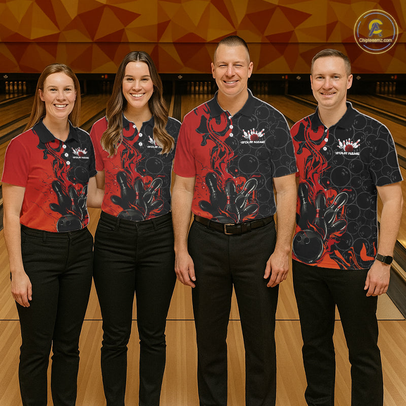 Custom Red Orange Fire Flame Bowling Team Men Polo Shirts, Bowling League Shirt IPHW10184