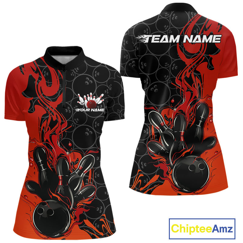 Custom Red Orange Fire Flame Bowling Team Women Quarter-Zip Shirts, Bowling League Shirt IPHW10184