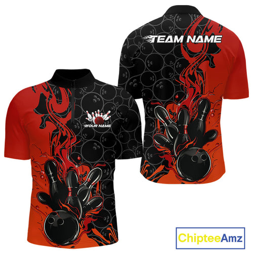 Custom Red Orange Fire Flame Bowling Team Men Quarter-Zip Shirts, Bowling League Shirt IPHW10184