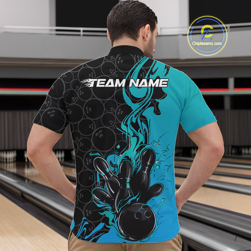 Custom Black And Blue Fire Flame Bowling Team Men Quarter-Zip Shirts, Bowling League Shirt IPHW10186
