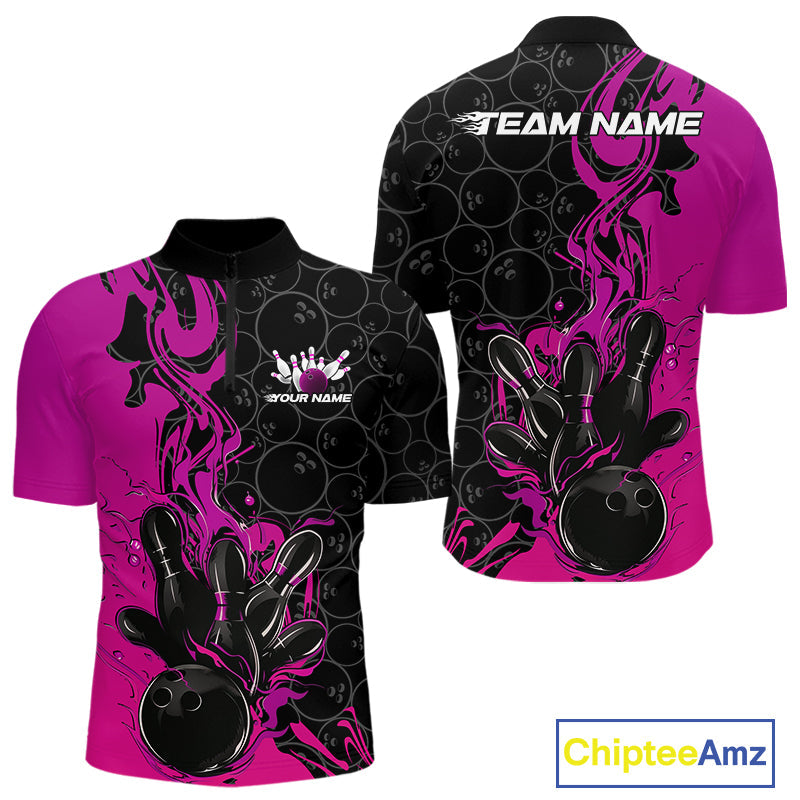Custom Pink Purple Fire Flame Bowling Team Men Quarter-Zip Shirts, Bowling League Shirt IPHW10187