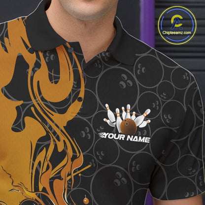 Custom Black And Gold Flame Bowling Team Men Polo Shirts, Yellow Bowling League Shirt IPHW10188