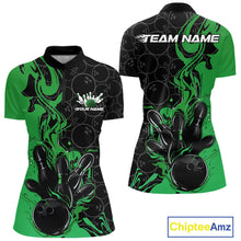 Load image into Gallery viewer, Custom Black And Green Flame Bowling Team Women Quarter-Zip Shirts, Bowling League Shirt IPHW10189