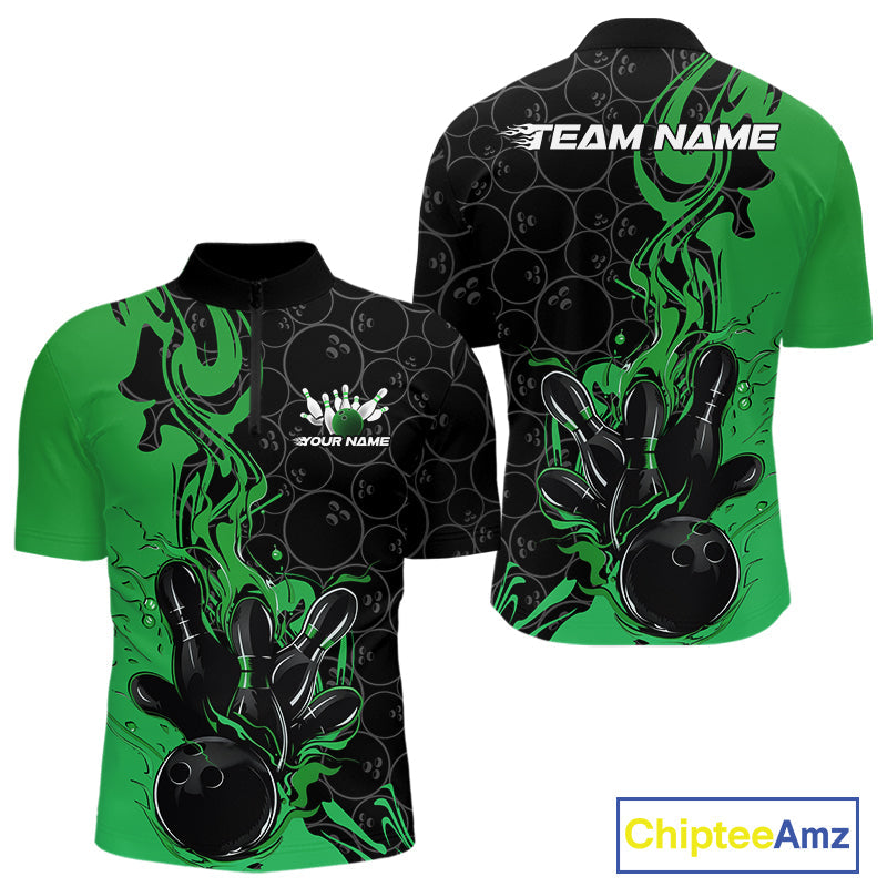 Custom Black And Green Flame Bowling Team Men Quarter-Zip Shirts, Bowling League Shirt IPHW10189