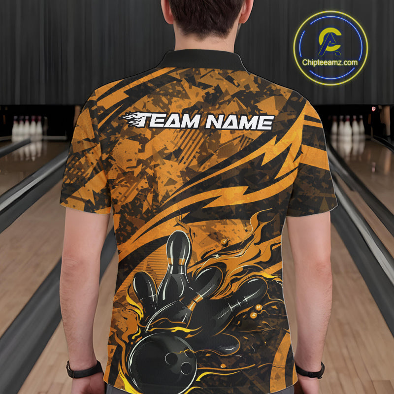 Custom Yellow Camo Flame Bowling Men Polo Shirts, Camouflage Bowling Team Jerseys IPHW10348