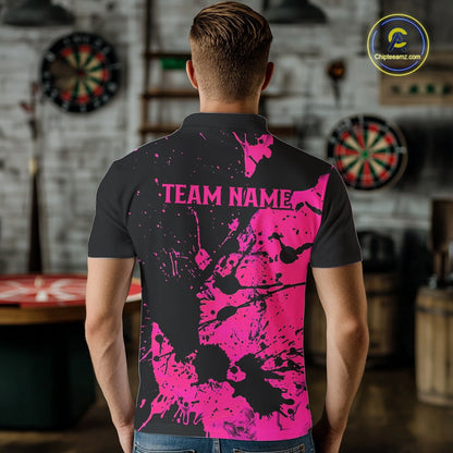 Custom Name Black And Pink Splatter Darts Shirts For Men, Dart Team League Shirts IPHW10622
