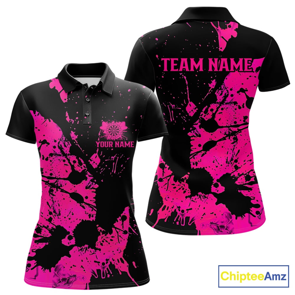 Custom Name Black And Pink Splatter Darts Shirts For Women, Dart Team League Shirts IPHW10622