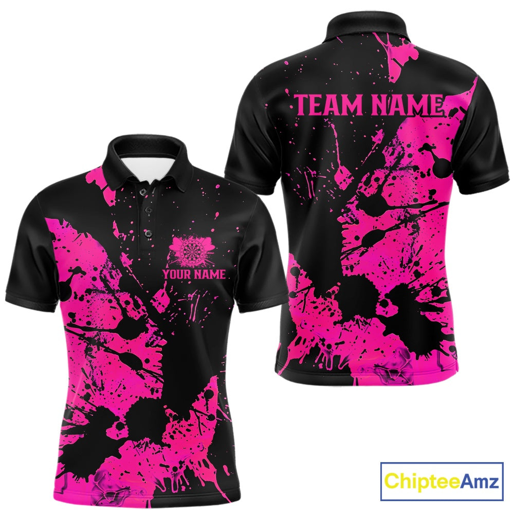 Custom Name Black And Pink Splatter Darts Shirts For Men, Dart Team League Shirts IPHW10622