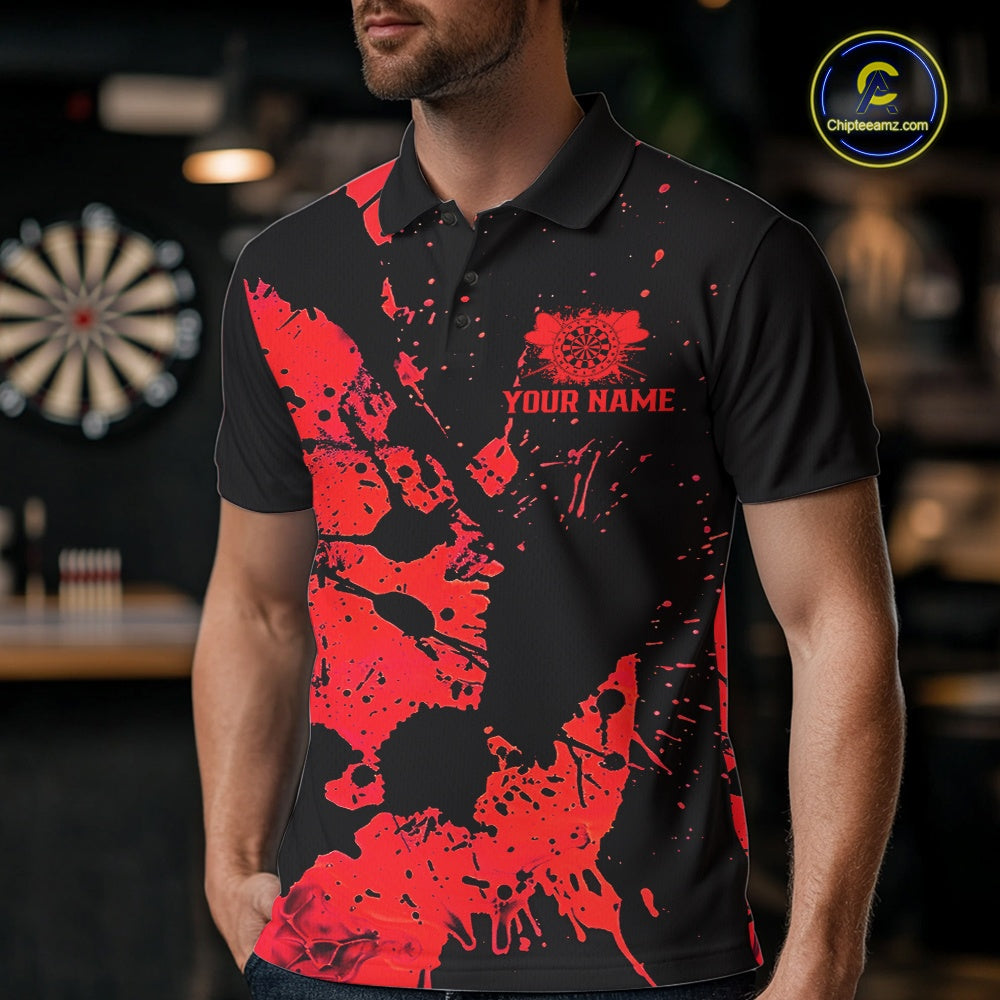 Custom Name Black And Red Splatter Darts Shirts For Men, Dart Team League Shirts IPHW10623