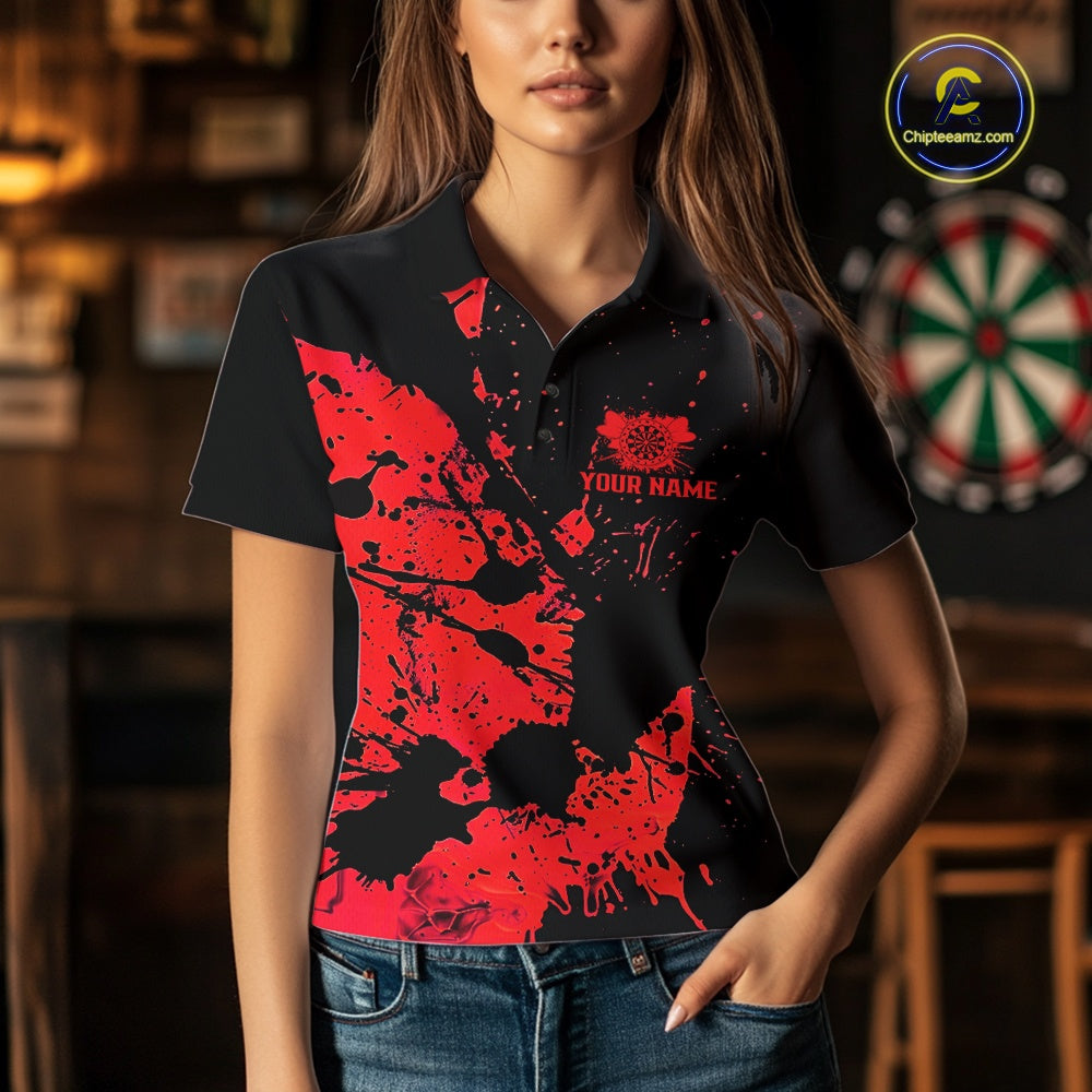 Custom Name Black And Red Splatter Darts Shirts For Women, Dart Team League Shirts IPHW10623