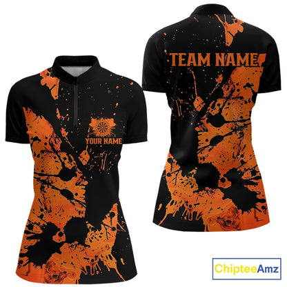 Custom Name Black And Orange Splatter Darts Shirts For Women, Dart Team League Shirts IPHW10624