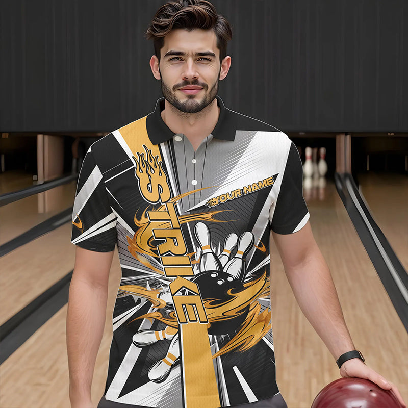 Custom Black And Yellow Strike Bowling Men Polo Shirts, Bowling Team League Shirt With Name IPHW8759