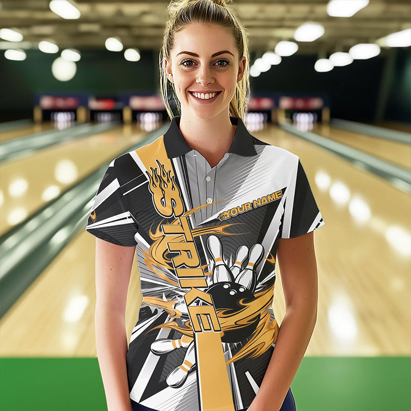 Custom Black And Yellow Strike Bowling Women Polo Shirts, Bowling Team Shirt With Name IPHW8759