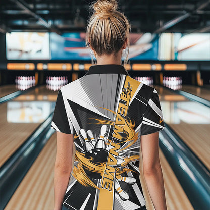 Custom Black And Yellow Strike Bowling Women Polo Shirts, Bowling Team Shirt With Name IPHW8759