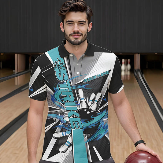 Custom Black And Blue Strike Bowling Men Polo Shirts, Bowling Team League Shirt With Name IPHW8760