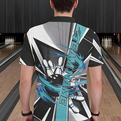 Custom Black And Blue Strike Bowling Men Polo Shirts, Bowling Team League Shirt With Name IPHW8760