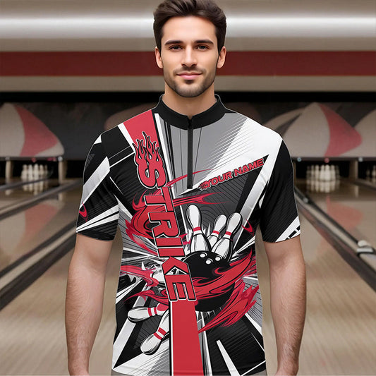 Custom Black And Red Strike Bowling Men Quarter-Zip Shirts, Bowling Team League Shirt With Name IPHW8761