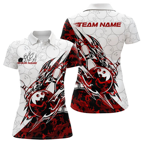 Custom Red Camouflage Bowling Polo Shirt For Women, Camo Bowling Team Uniform Bowler Outfit IPHW8771