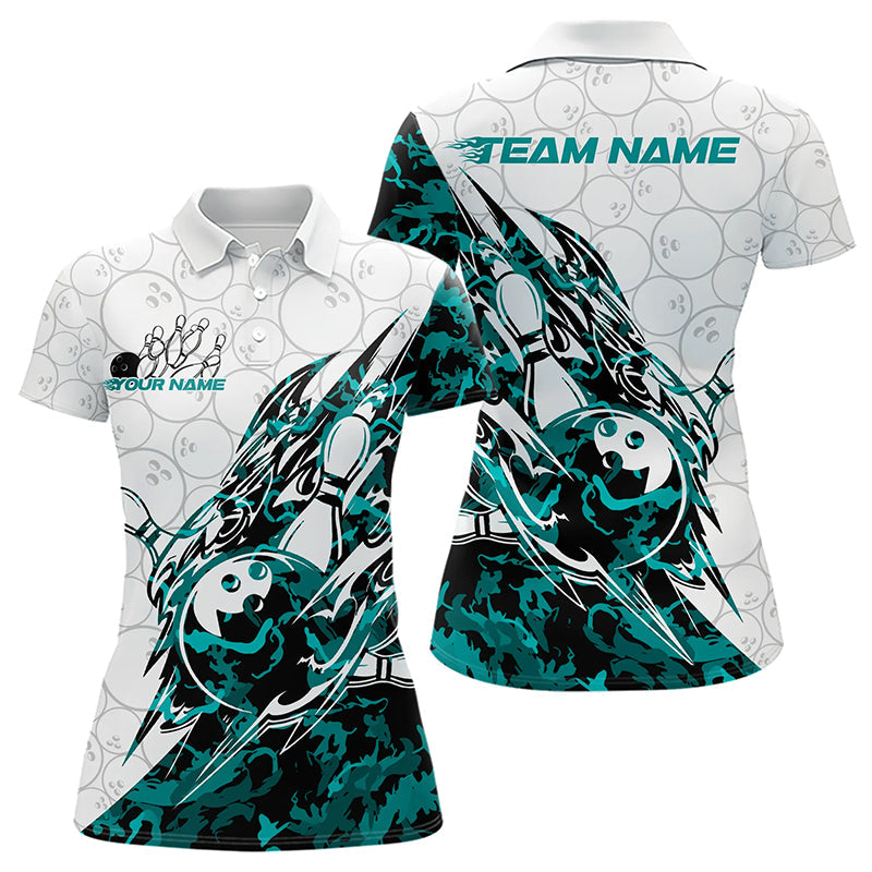 Custom Turquoise Blue Camouflage Bowling Women Polo Shirts, Team Uniform Bowler Outfit IPHW8772