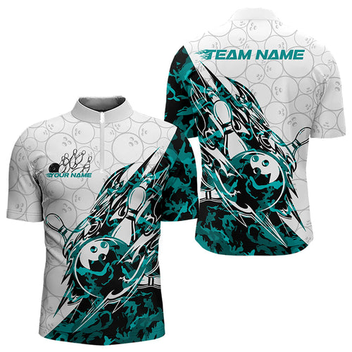 Custom Turquoise Blue Camouflage Bowling Men Quarter-Zip Shirts, Bowling Team Uniform Bowler Outfit IPHW8772