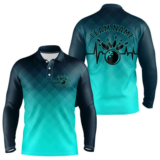 Bowling Heartbeat Pulse Line Blue Argyle Custom Bowling Team Long Sleeve Polo Shirts For Men IPHW6253