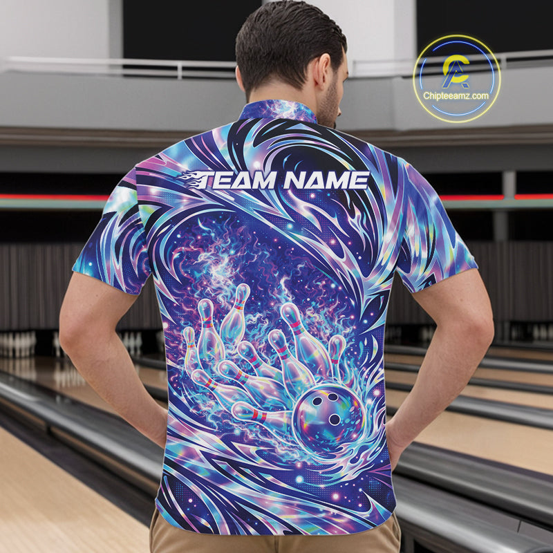Front view male model in bowling lane wearing quarter-zip shirt featuring galaxy bowling ball striking pins design