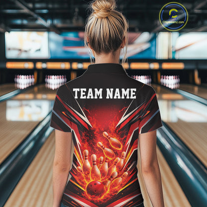 Back view female model in bowling lane wearing polo shirt with flaming bowling ball striking pins explosive fire burst dynamic sports artwork in black and red