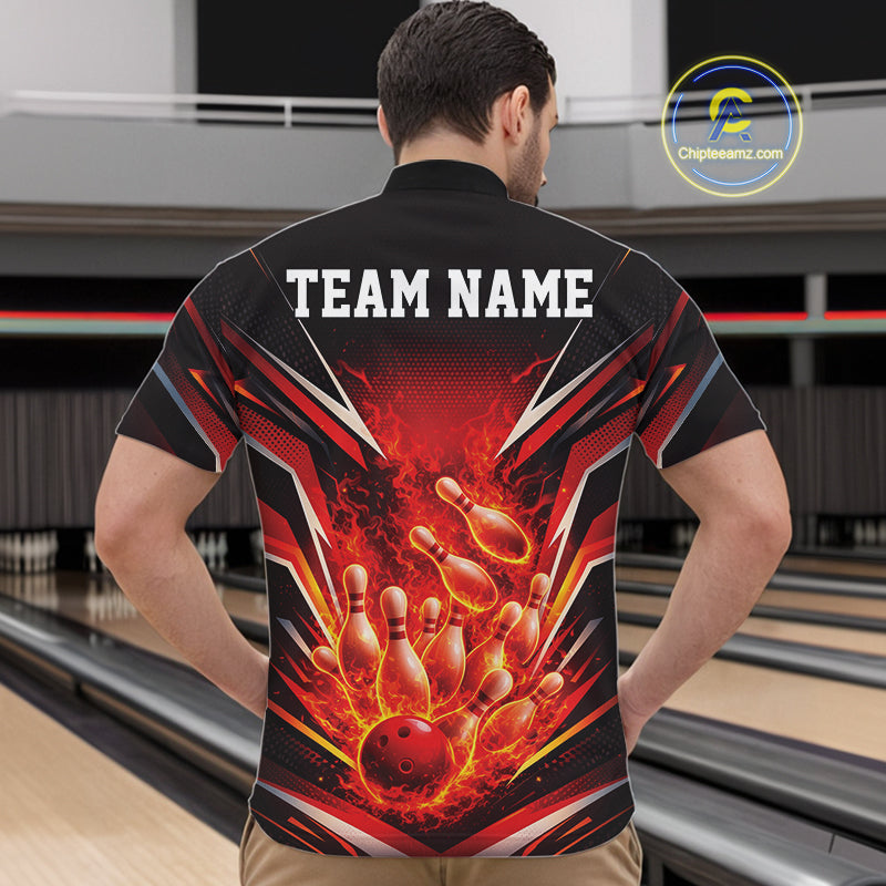 Front view male model in bowling lane wearing quarter-zip shirt featuring flaming bowling ball crashing pins white turquoise blue design