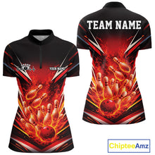 Load image into Gallery viewer, Custom Red Fire Flame Bowling Women Quarter-Zip Shirt, Bowling Team Tournament Outfit IPHW11133