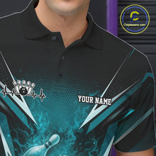 Load image into Gallery viewer, Custom Turquoise Blue Fire Flame Bowling Men Polo Shirt, Bowling Team Tournament Outfit IPHW11134