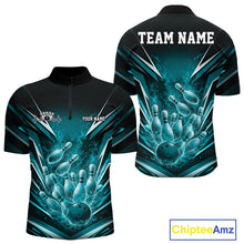 Load image into Gallery viewer, Custom Turquoise Blue Fire Flame Bowling Men Quarter-Zip Shirt, Bowling Team Tournament Outfit IPHW11134