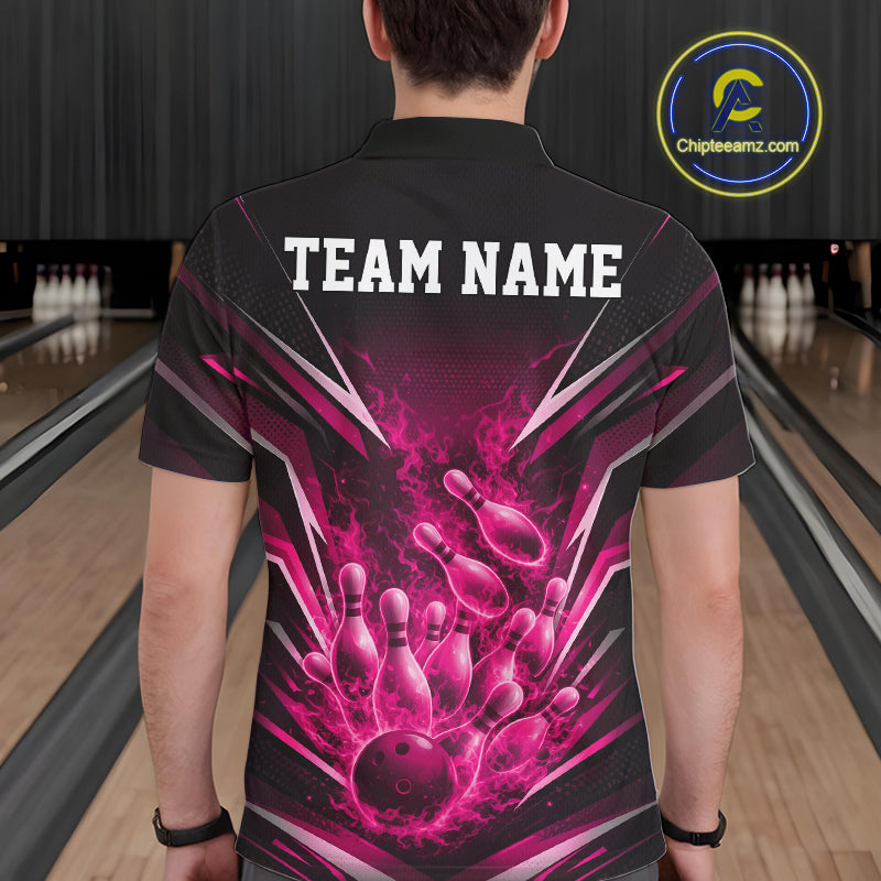 Back view of a black and pink bowling polo displaying explosive fire-themed bowling graphics.