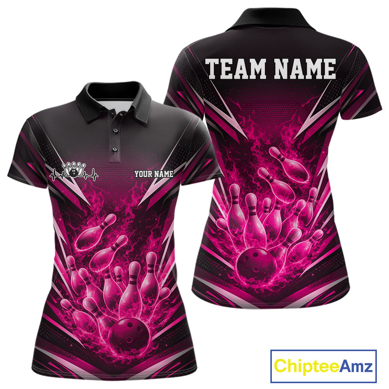 Front and back view of a women’s polo shirt featuring flaming bowling ball striking pins red explosive fire burst artwork