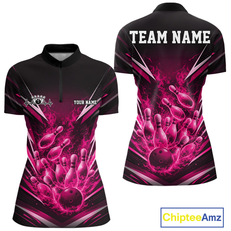 Front and back mockup of womens bowling quarter zip in black and pink featuring flaming bowling ball striking pins with explosive fire burst sports artwork.